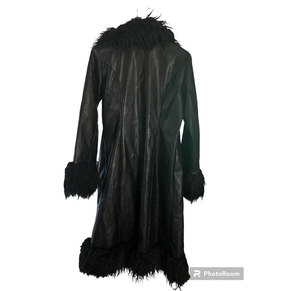Vintage Y2K Formula X Penny lane all black coat size M faux leather fur Goth - Picture 2 of 13